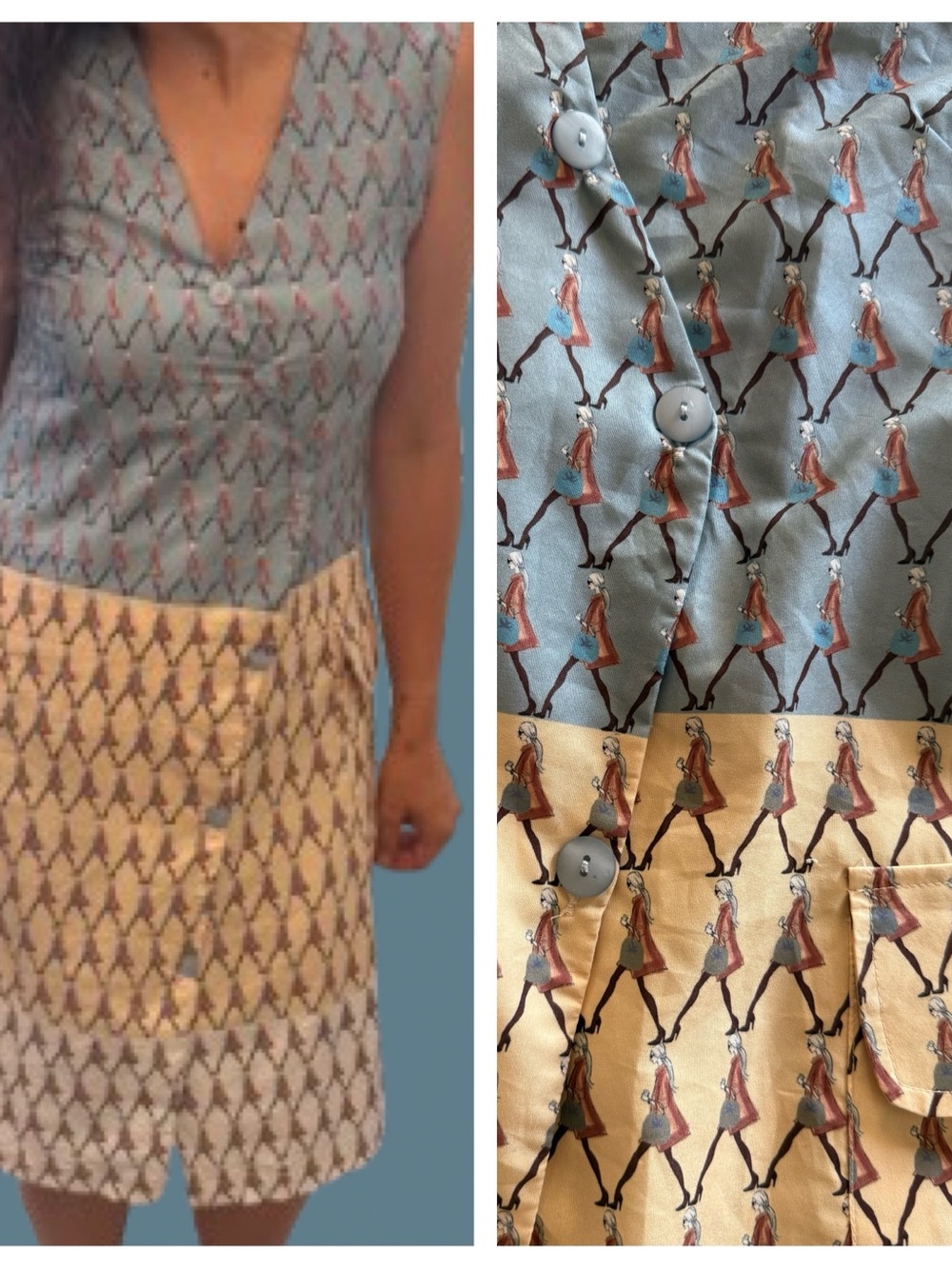 Sleeveless Two-Tone Midi Skirt Dress in Blue and Cream